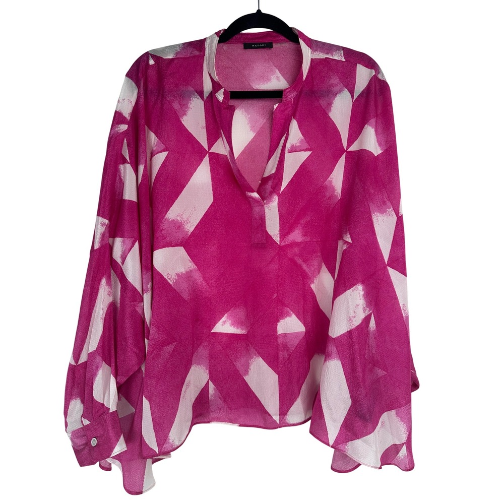 Natori XL Pink White Geometric Silk Blouse Oversized V-Neck Top Quiet Luxury